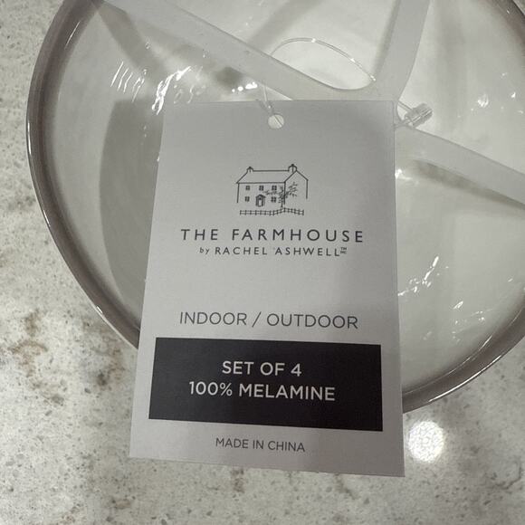 Set 4 Melamine 4” DIP Small Bowls Farmhouse Ashwell WHITE GRAY / TAUPE RIM - New - Picture 4 of 4